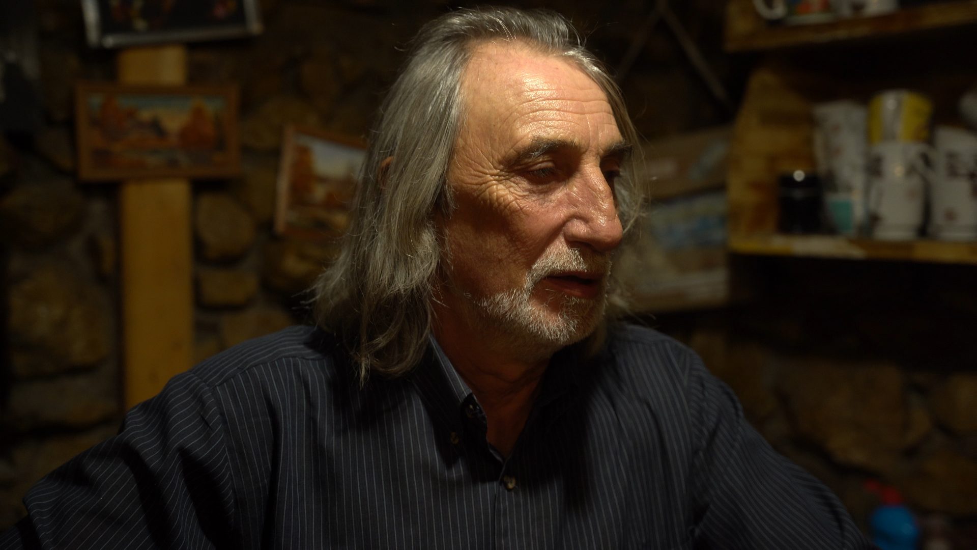 Älterer Mann mit grauem Haar und Bart in gestreiftem Hemd vor unscharfem Hintergrund.